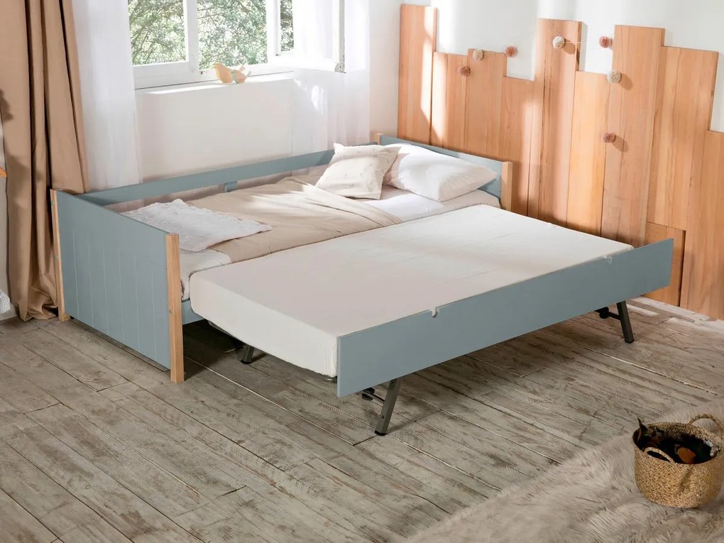 Łóżko wysuwane 2 x 90 x 190 - MDF, drewno sosnowe i metal - Zielony i naturalny + Materac - MAREKI