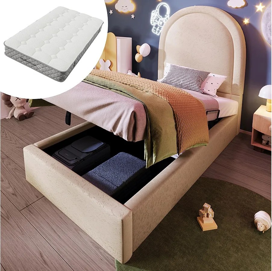 Łóżko dziecięce z pojemnikiem, tapicerowane, 90 x 200 cm, hydrauliczne, PU, beżowe