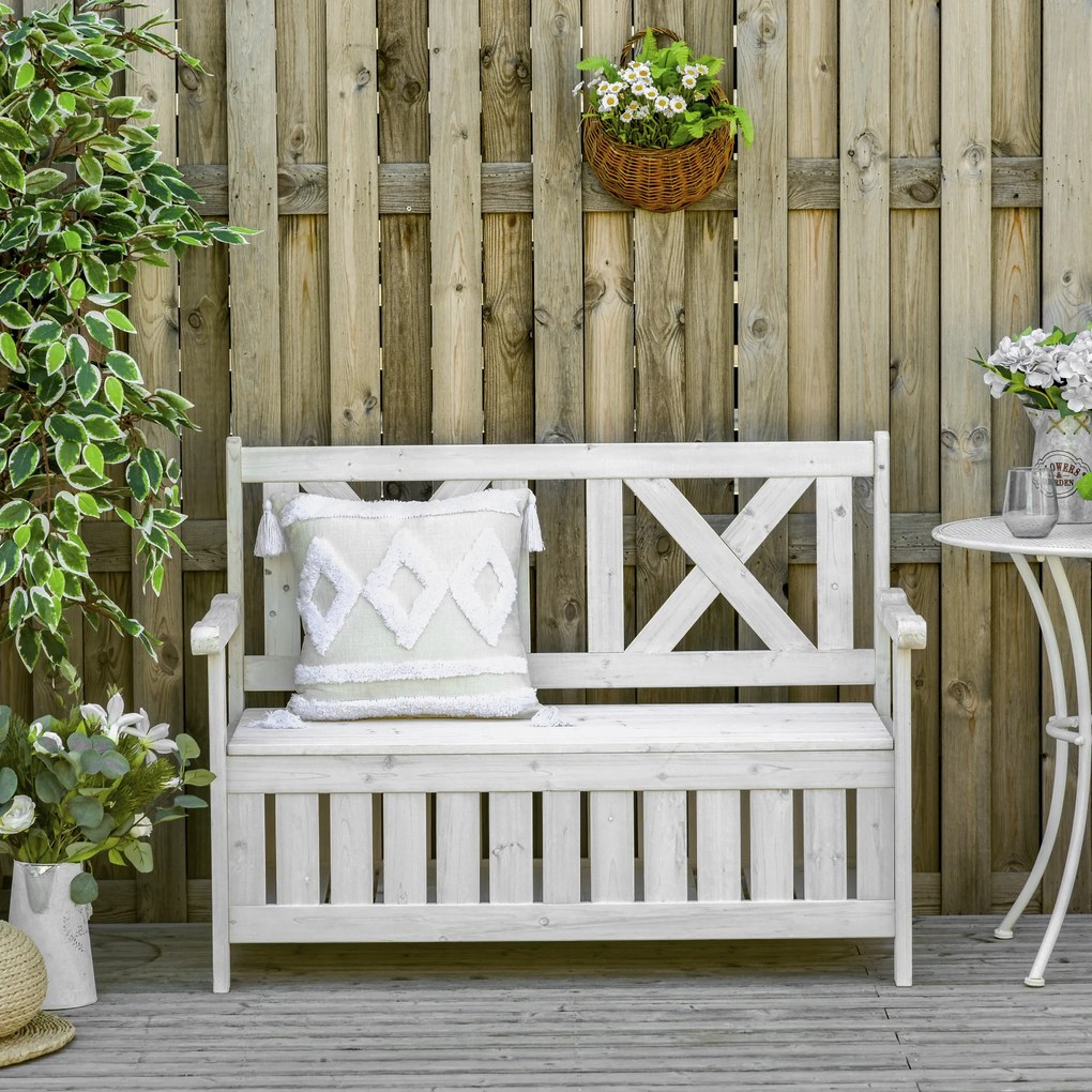 Outsunny ławka ogrodowa ze schowkiem 2-osobowa z poduszką biała drewniana skrzynia | Aosom PL