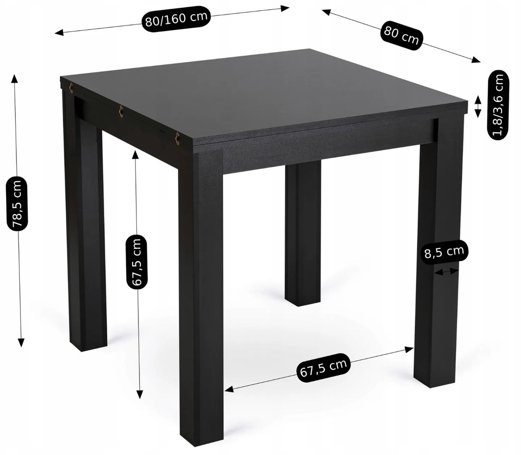 Stół Kwadratowy Rozkładany MAX 80-160 cm Czarny Nowoczesny Loft
