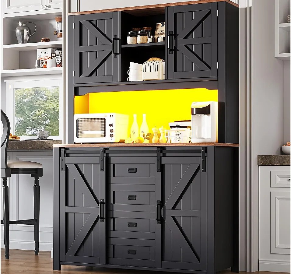 Meble kuchenne 115x40x175 cm - z 4 frontami i 2 szufladami - z oświetleniem LED - styl wiejski - czarny