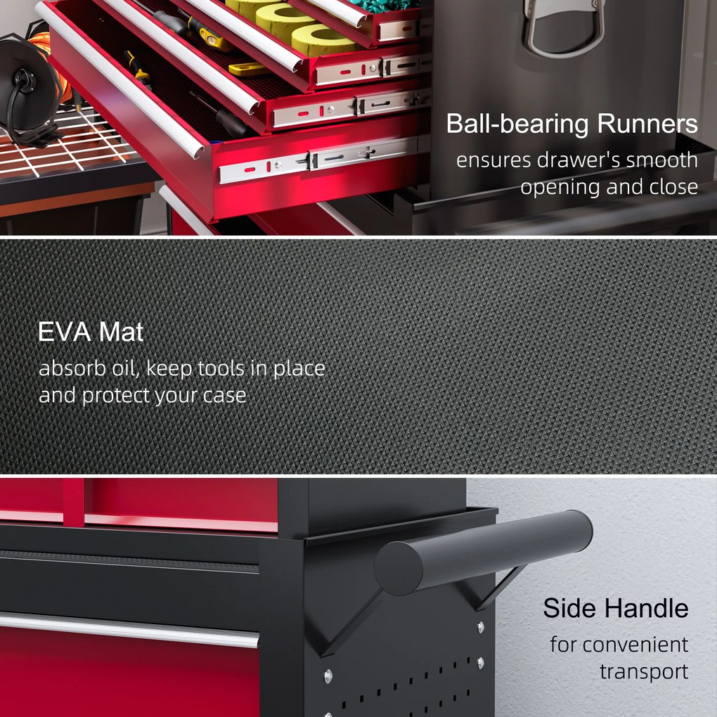 HOMCOM Wózek narzędziowy, dwuczęściowy, zamykany, z 14 szufladami, perforowaną ścianą, stal, Czerwony