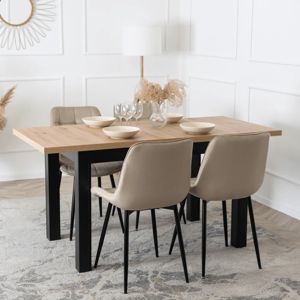 Zestaw Stół Rozkładany SKUBI 120-160 cm Dąb Craft/Czarny i 4 Krzesła Tapicerowane CHRIS Beżowe Nowoczesne