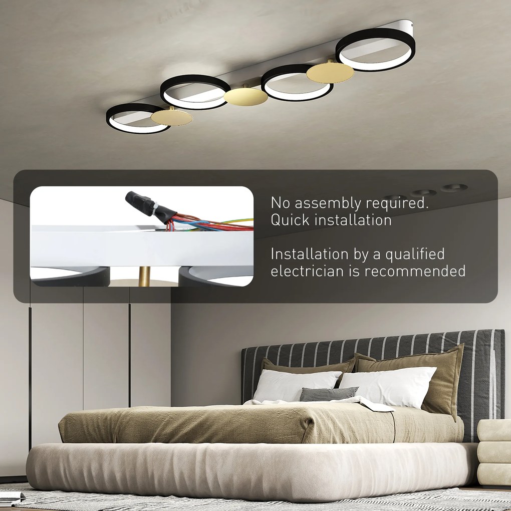 HOMCOM Lampa sufitowa LED 38W 1500LM 3000K-6500K lampa do salonu z 4 żarówkami pilot Czarny+Złoty