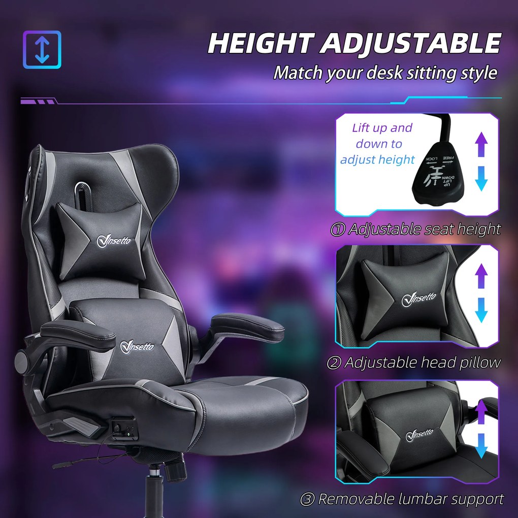 Vinsetto Ergonomiczny fotel gamingowy z funkcją kołysania i głośnikami, wsparcie lędźwiowe i na szyję, do pokoju gracza, sztuczna skóra, Szary+Czarny