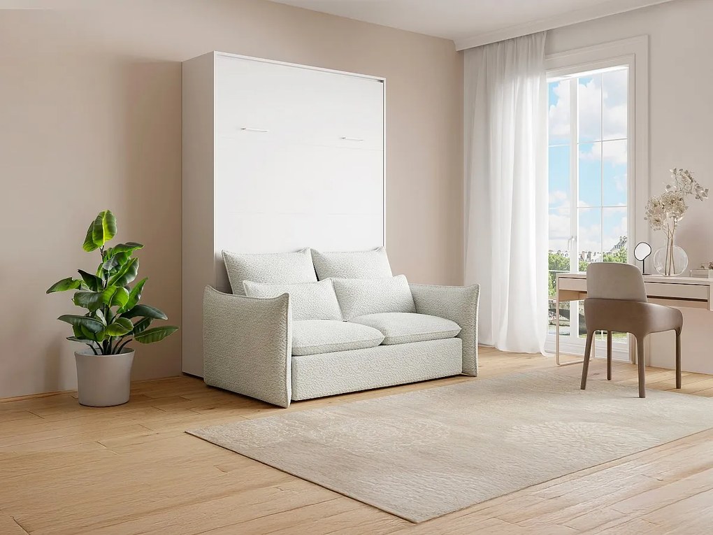 Łóżko chowane w szafie 140 x 200 cm - Ręczne otwieranie pionowe - Białe + Kanapa - BEGANIO