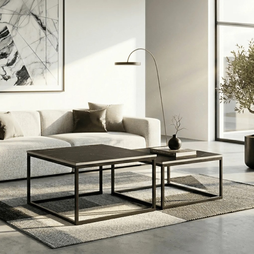 Zestaw Stolików Kawowych TENOR Czarny Marmur/Czarny do Salonu Glamour
