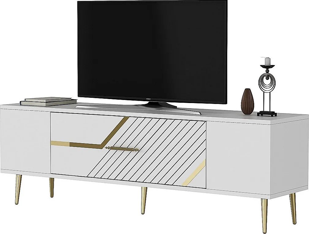 Stojak pod TV – 150 cm x 48,2 cm x 29,6 cm – Biały i złoty – Melamina
