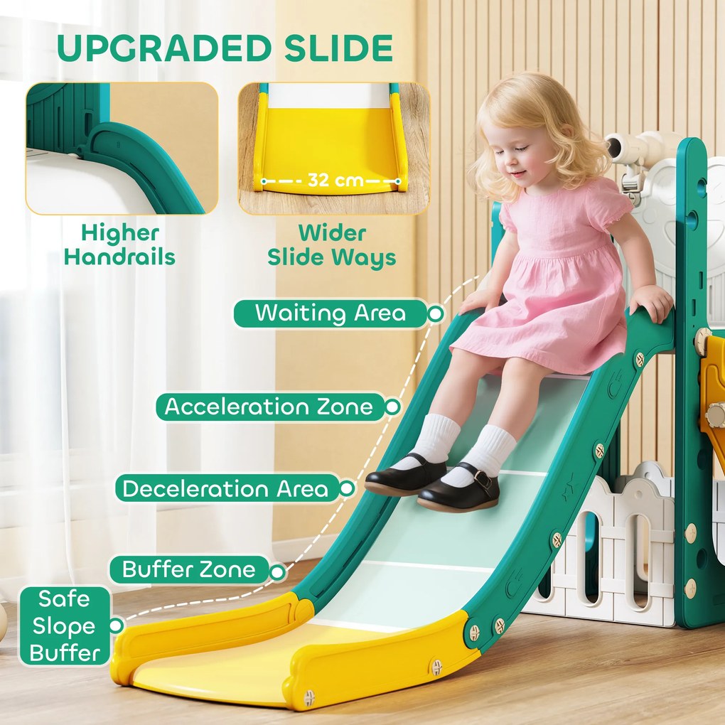 AIYAPLAY Zestaw zjeżdżalni dla dzieci 5 w 1, teleskop, kosz do koszykówki, plastik, Żółty+Zielony