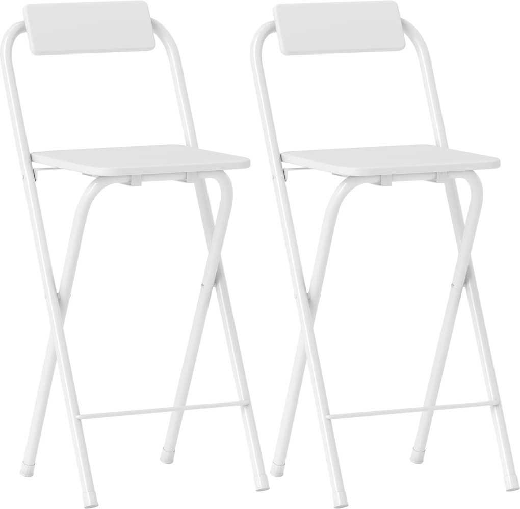 HOMCOM Hokery Barowe 2 szt., Składane Krzesła z Metalową Ramą, Oparciem i Podnóżkiem, 37 x 45 x 87 cm, Białe | Aosom PL