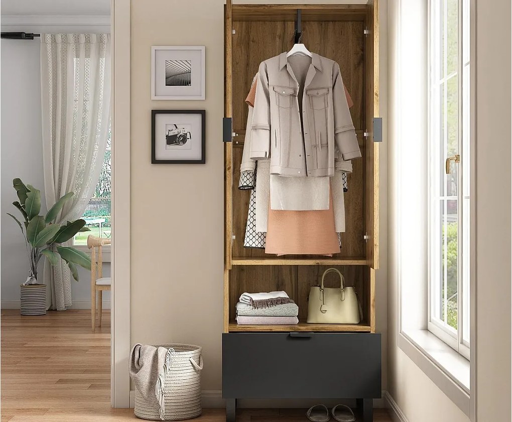 Wieszak z szufladą i przegrodą - z drążkiem na ubrania - Naturalny