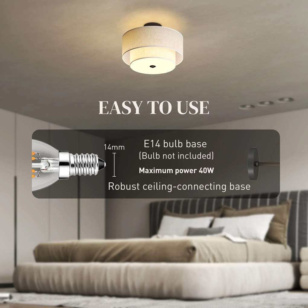 HOMCOM Lampa sufitowa, wisząca lampa z podwójnymi kloszami w lnianym stylu, kremowo-biała