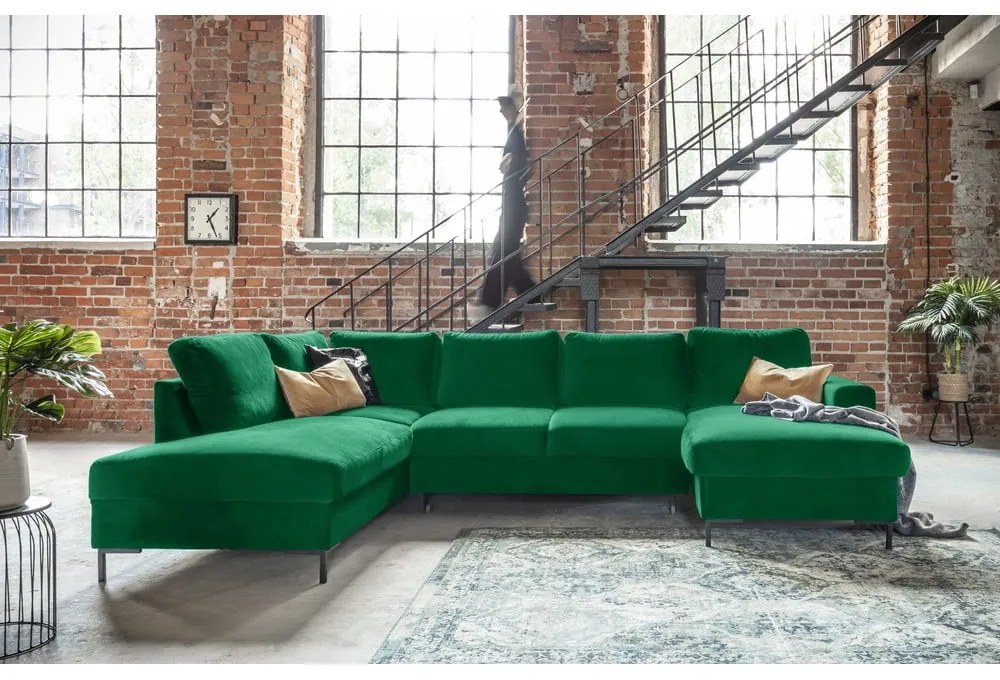 Zielona aksamitna rozkładana sofa w kształcie litery "U" Miuform Lofty Lilly, lewostronna