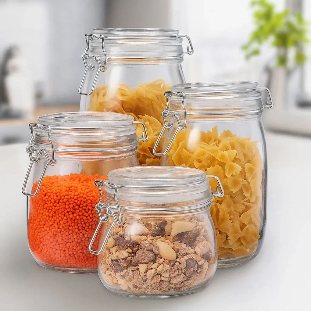 Szklane słoiki z klipsem RESO, 4 sztuki