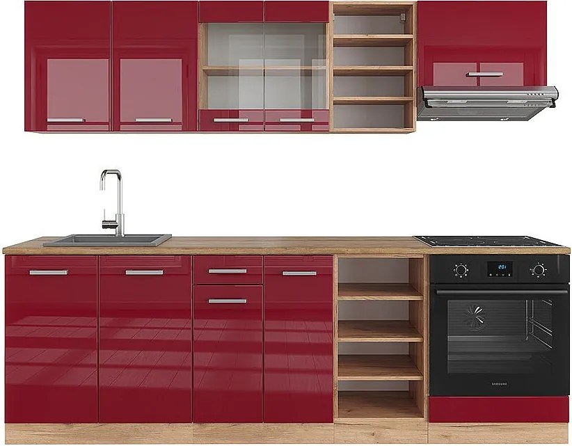 Zabudowa kuchenna czerwony wysoki połysk/złoty dąb 240x60x81.6 r-line