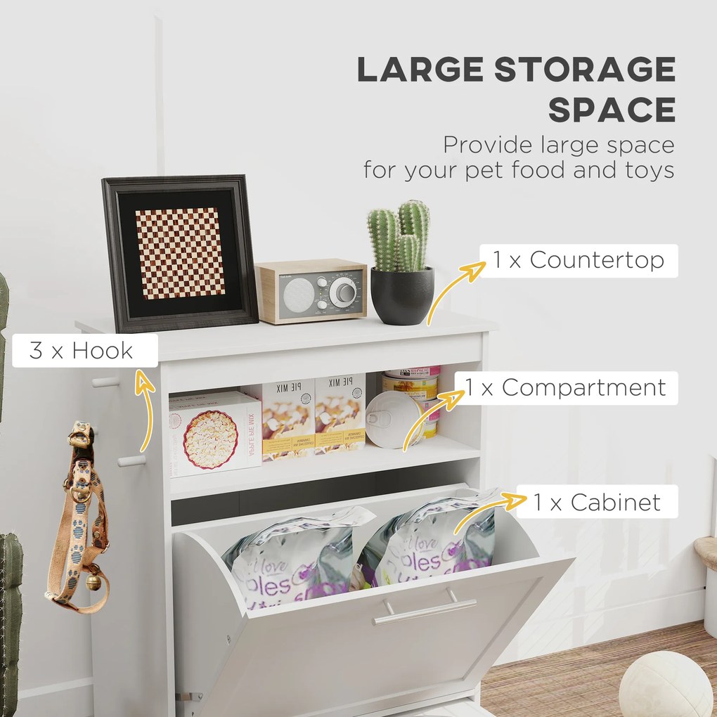 PawHut Stacja żywieniowa dla zwierząt domowych, szafka na akcesoria z miskami, haki na smycze, MDF, kolor biały