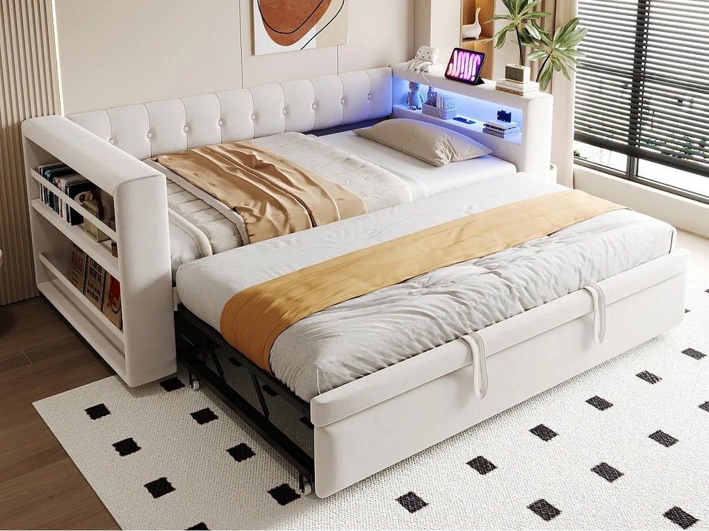 Tapicerowane łóżko 90x190 cm - z oświetleniem LED - z łóżkiem chowanym - z gniazdkiem elektrycznym - beżowy