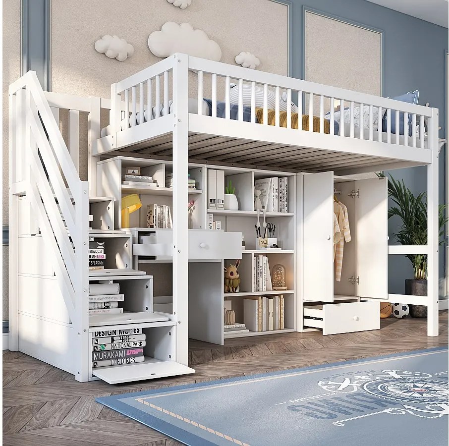 Łóżko piętrowe dla dzieci - 90 x 200 cm - z biurkiem + półkami + szafą + drabinką - drewniane - białe