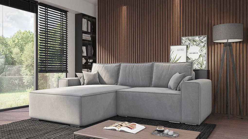 Emporius Lora narożnik rozkładany - narożnik z funkcją spania i pojemnikiem - nowoczesny styl, lewostronny, tkanina aksamitna, jasny szary (Amor Velvet 4318)