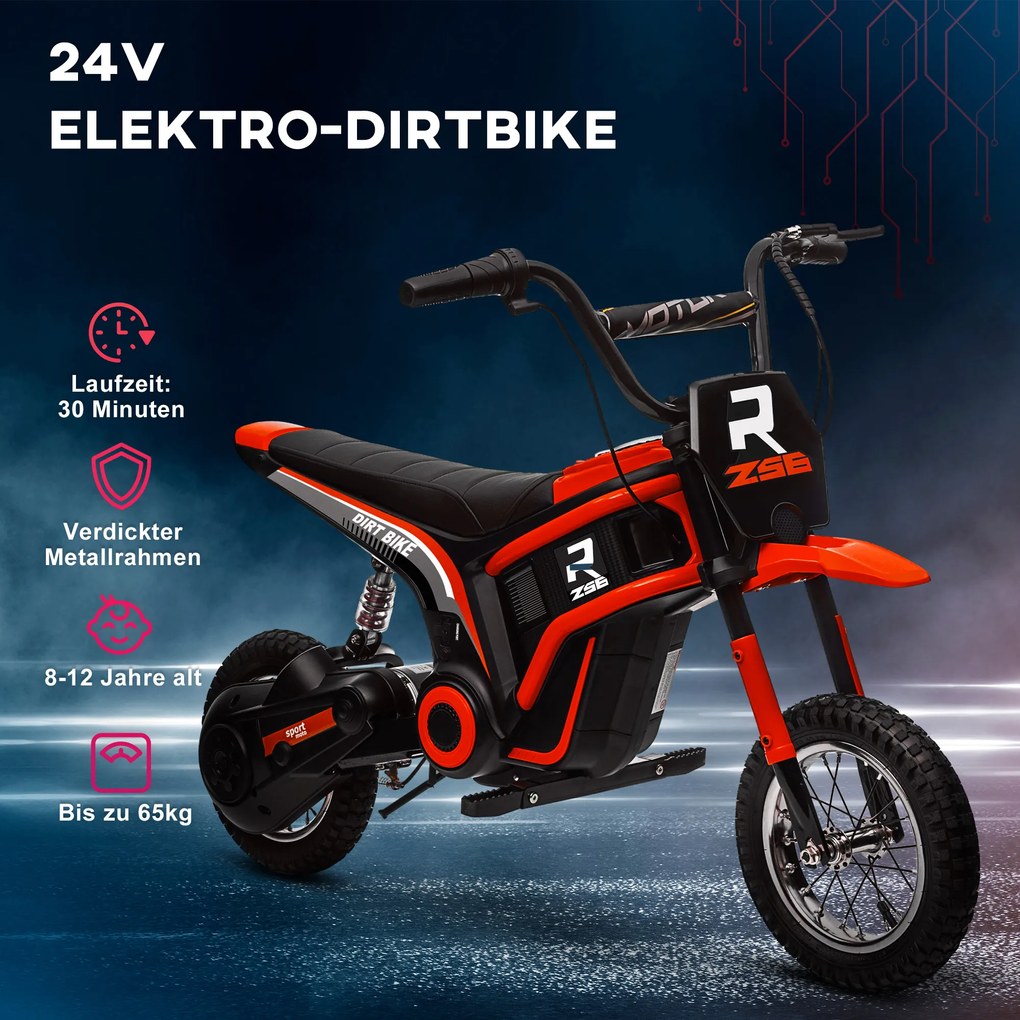 HOMCOM Elektryczny Motocykl dla Dzieci, 24V z Klaksonem, Światłem, Dźwignią Gazu, 8-16 km/h, 8-12 Lat, Czerwony