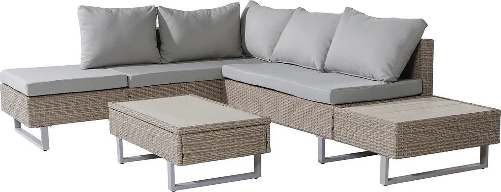 Modułowy zestaw mebli ogrodowych z rattanu PE - odpowiedni dla 4 do 5 osób - niski stół z plastikowych desek - taupe