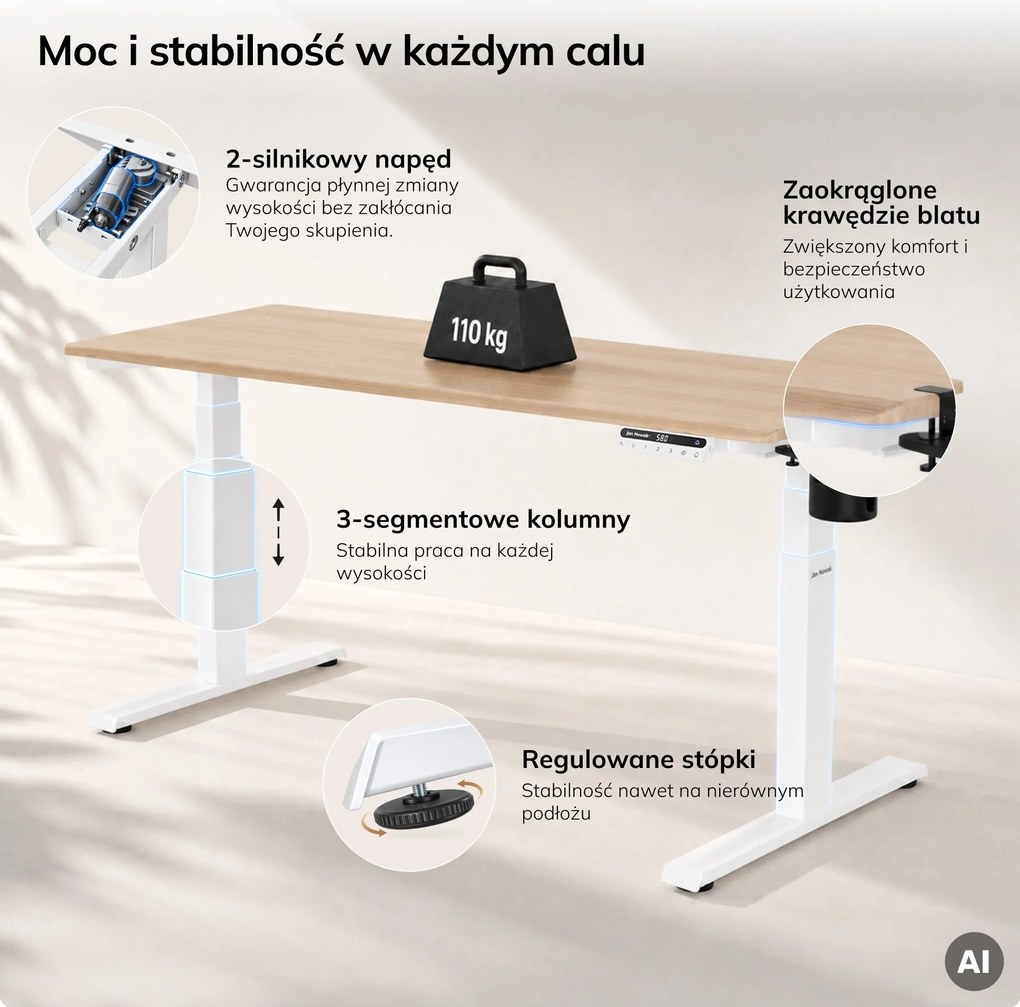 Biurko elektryczne z regulacją wysokości ergonomiczne białe/dąb sonoma,1600x800 mm: ARIA