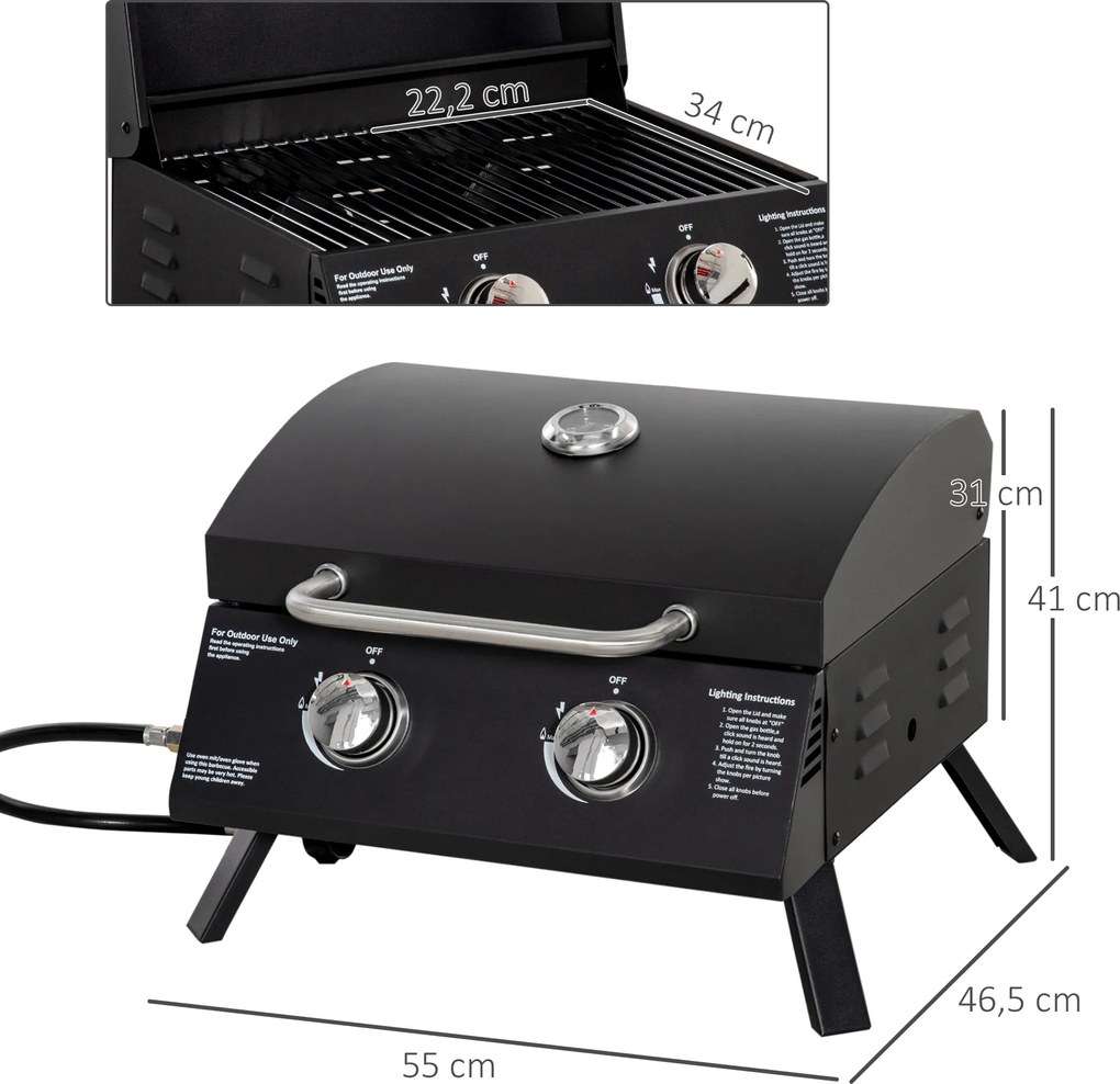 Outsunny mobilny grill gazowy BBQ z 2 palnikami stal węglowa kolor czarny 55 x 46,5 x 41 cm