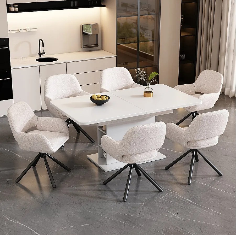 Zestaw jadalny ze stołem i 6 krzesłami - stół rozkładany z miejscem do przechowywania + 6 krzeseł na metalowych nogach - płyta wiórowa - biały