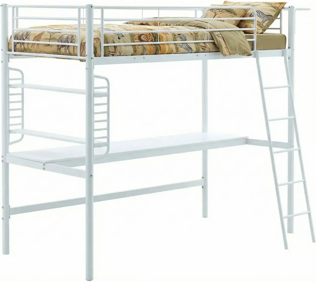 Białe łóżko pojedyncze z biurkiem i organizerem T5-M70