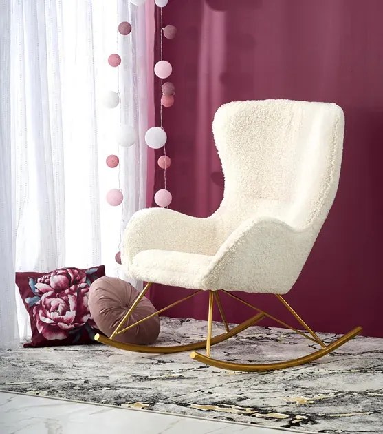 Kremowy fotel bujany boucle na złotej podstawie A7-R93