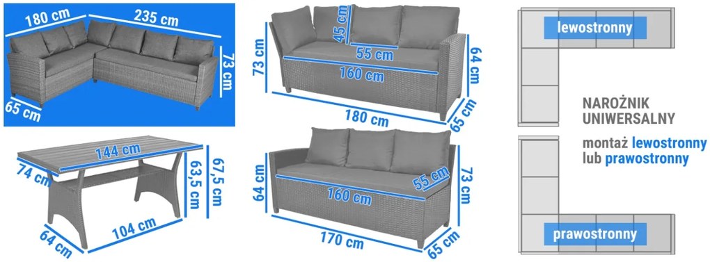 Zestaw mebli ogrodowych z narożnikiem i pufami Sztokholm Plus, grafitowy