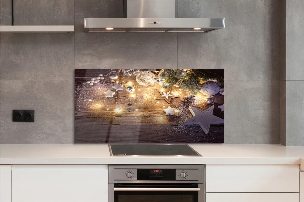 Panel szklany do Kuchni Świąteczny Blask Lampek i Szyszek