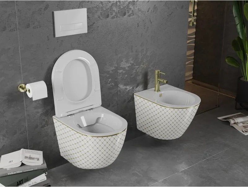Mexen Lena miska wc Rimless z deską wolnoopadającą slim, duroplast, biała/złota wzór kratka - 30224009