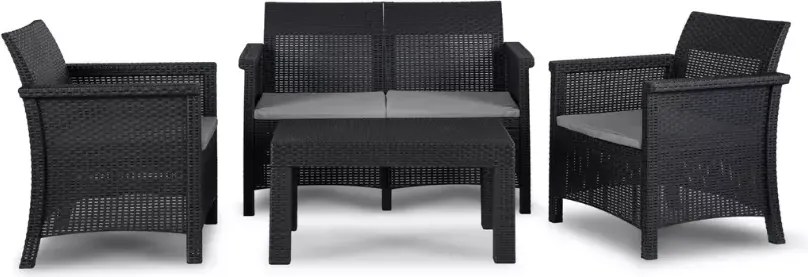 Zestaw mebli ogrodowych Amilio czarny technorattan sofa 2 fotele stolik taras balkon ogród