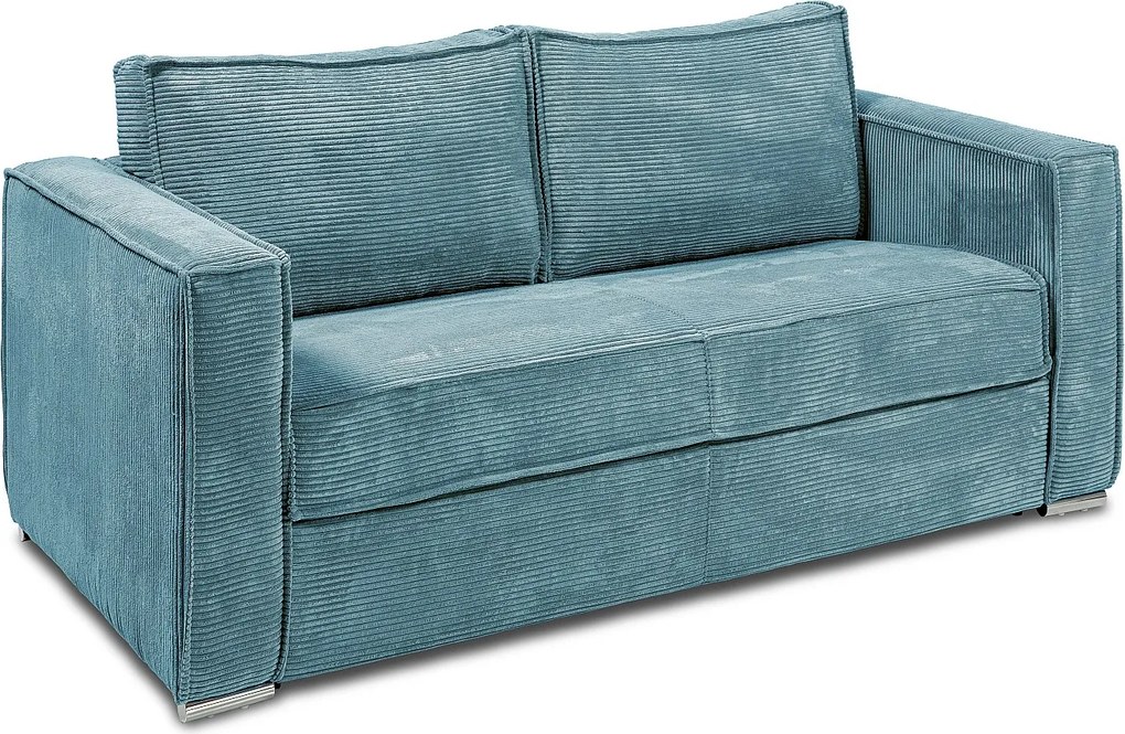 Kanapa 4-osobowa rozkładana typu express z z turkusowego weluru sztruksowego z siedziskiem z pianki z pamięcią kształtu - Powierzchnia spania 160 cm - Materac 14 cm LORETO