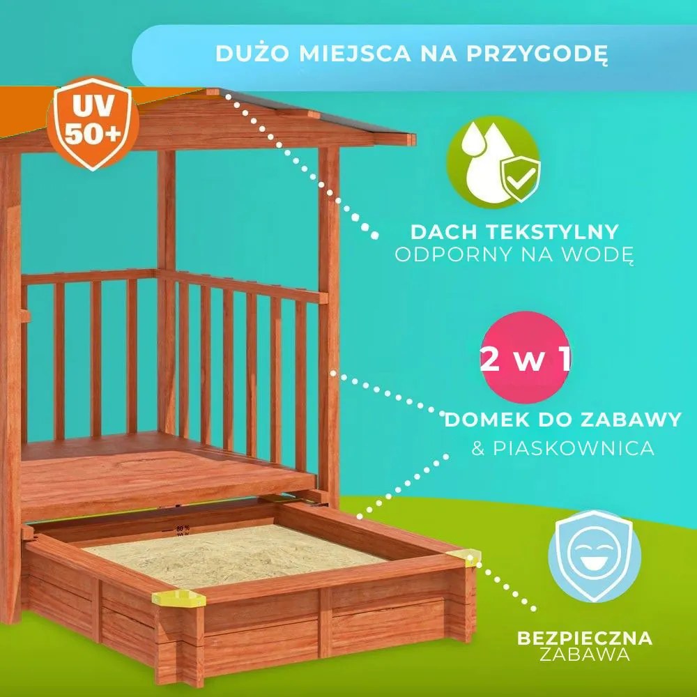 Piaskownica z werandą SUNNY, 130x130x143cm, brązowa/pomarańczowa Jurhan