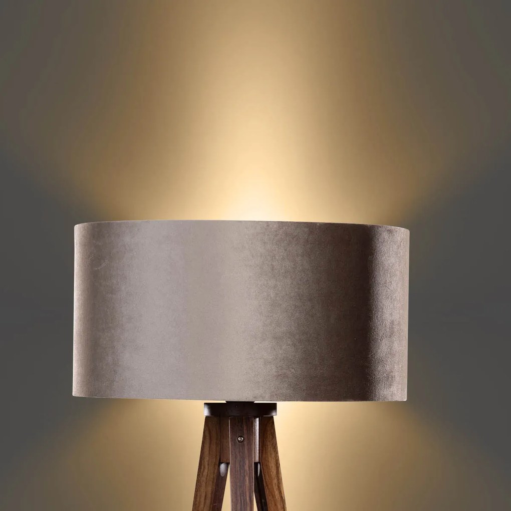 Lampa podłogowa na trójnogu z drewna orzechowego z abażurem z weluru taupe 50 cm - Tripod Classic Rustykalny / Vintage Oswietlenie wewnetrzne