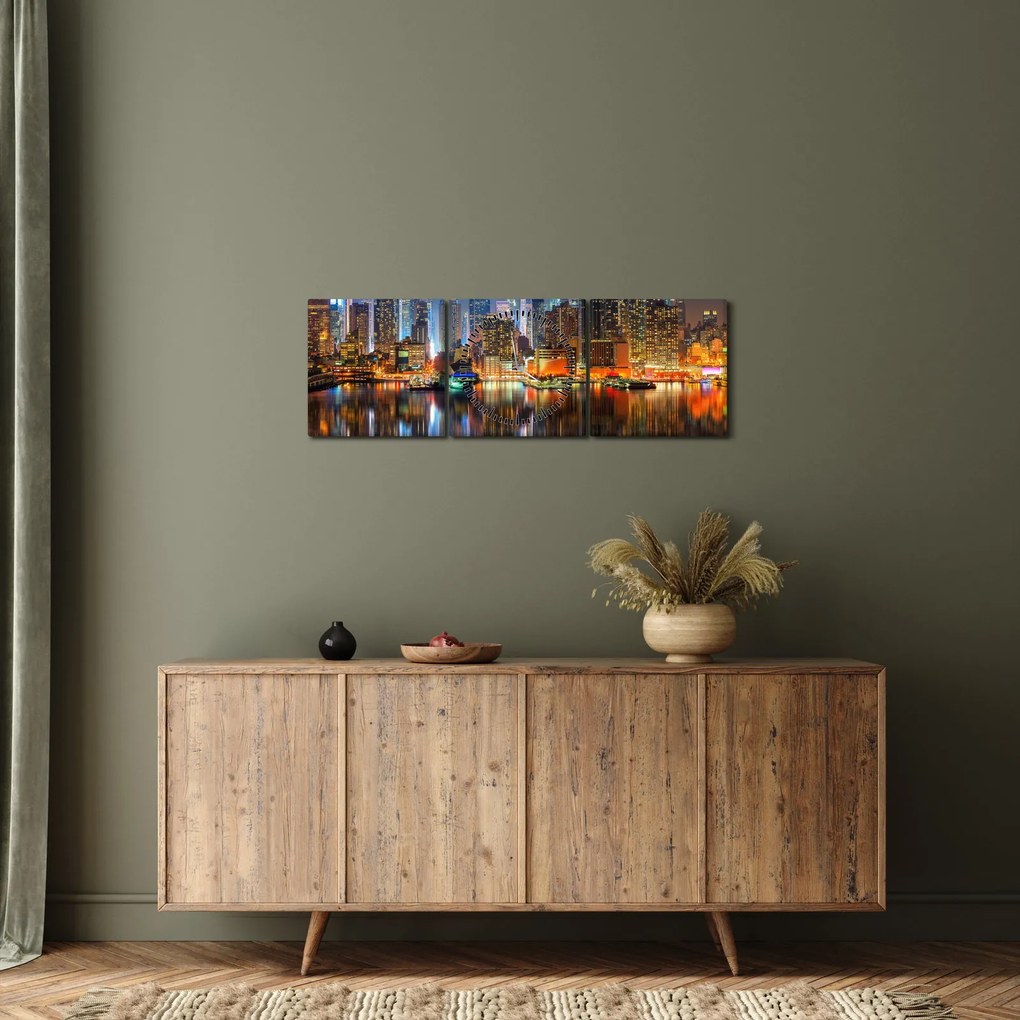 Obraz Manhattanu w nocy (z zegarem) (90x30 cm)