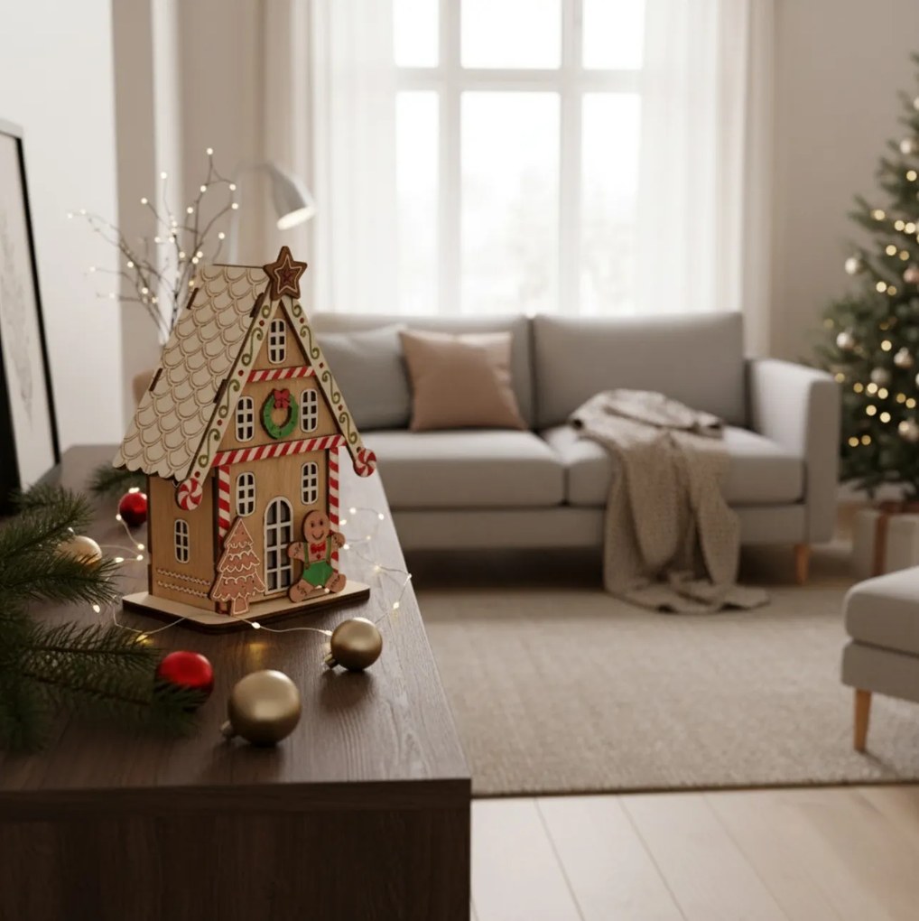 Lampion świąteczny LED, domek z piernika, 15 cm