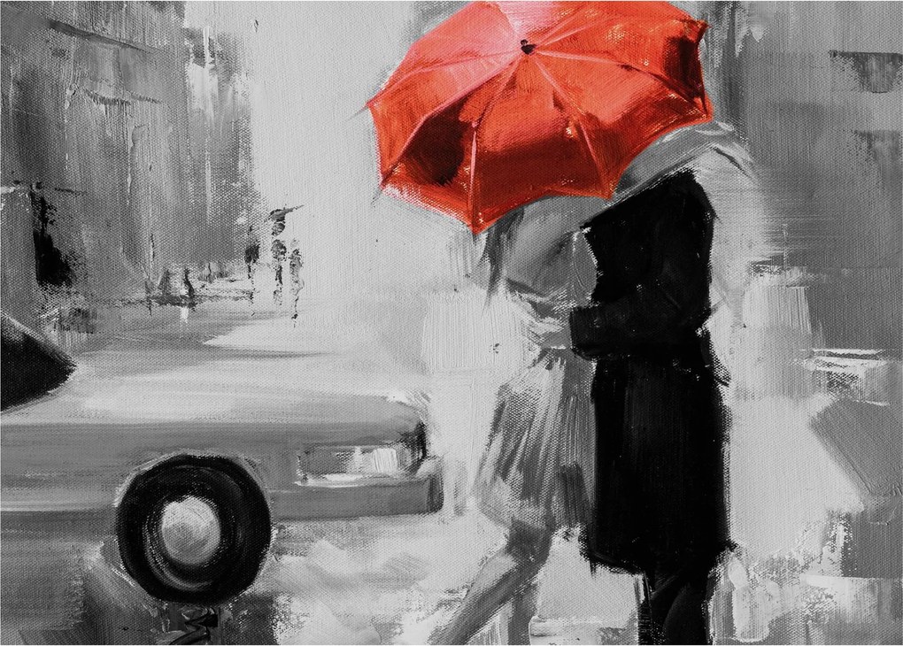 Obraz - Zakochana para pod parasolem, czerwony (70x50 cm)