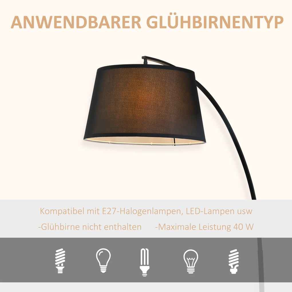 HOMCOM Lampa Stojąca z Abażurem z Tkaniny, Łukowa Lampa Podłogowa z Okrągłą Podstawą, Metal, 105L x 47S x 190W cm, Czarna