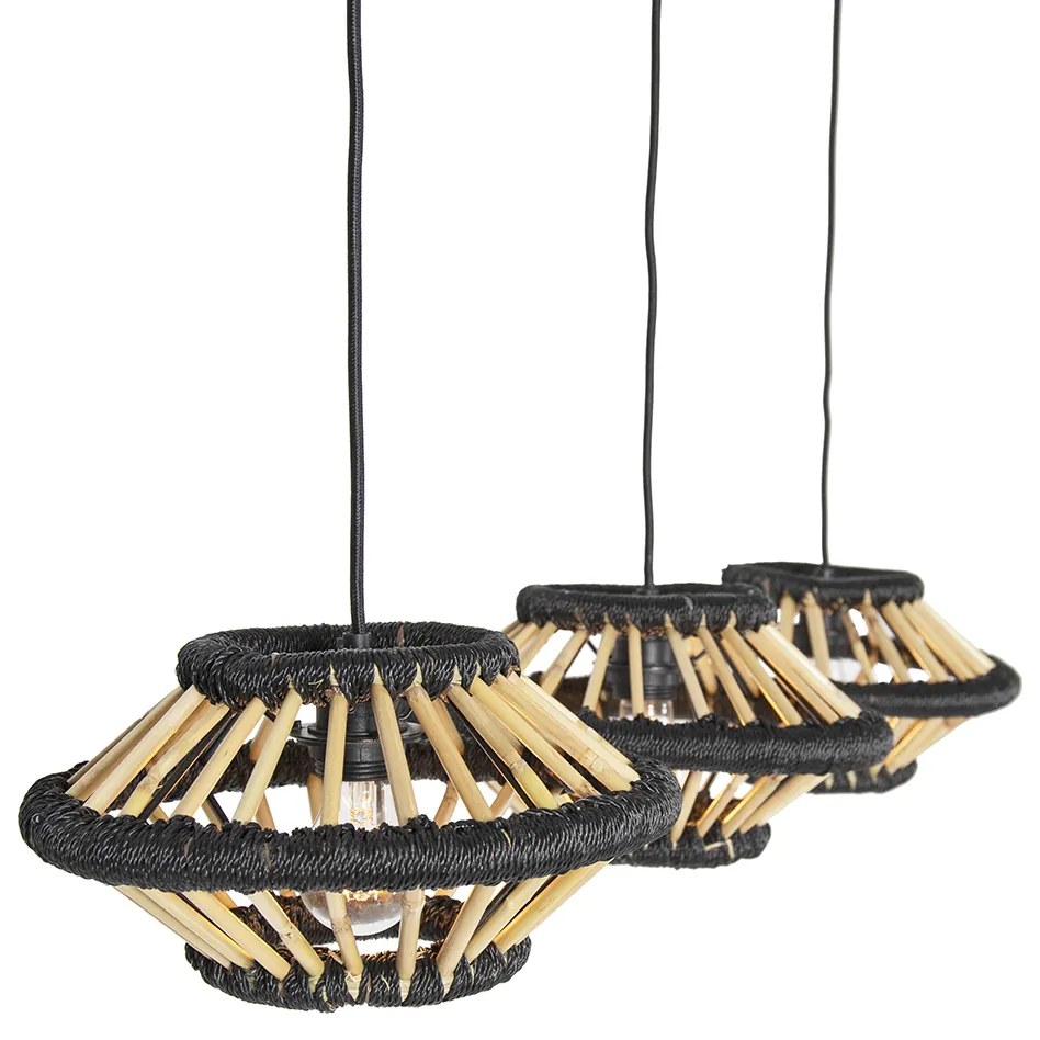 Orientalna lampa wisząca bambusowa z czarnym owalnym kloszem 3-światłowym - EvalinKolonialny Oswietlenie wewnetrzne
