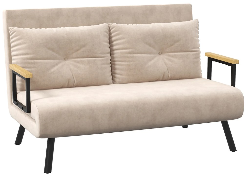 HOMCOM Sofa 2 osobowa z funkcją spania aksamitna z 2 poduszkami w kolorze naturalnym beżowym czarnym | Aosom PL
