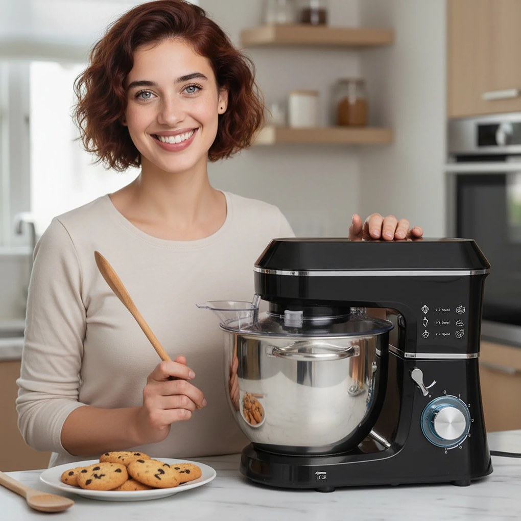 HOMCOM Robot planetarny 1400 W z miską 7 l i 6 prędkościami, hak do ciasta, trzepaczka i mieszadło, czarny | Aosom PL