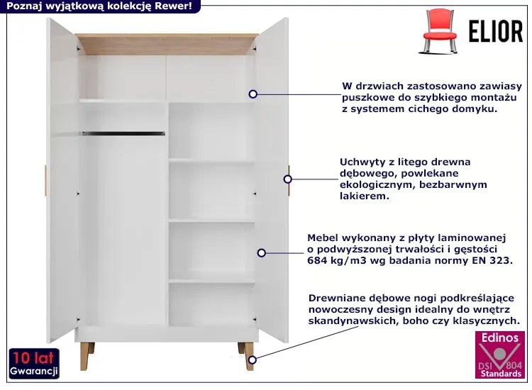 Skandynawska szafa na dębowych nóżkach biały + hikora - Rewer 3X