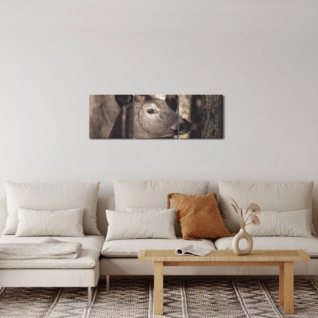 Obraz - Jeleń w lesie (z zegarem) (90x30 cm)