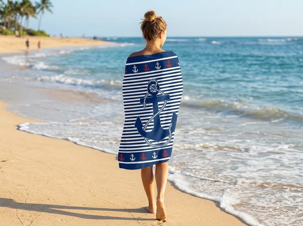 Szybkoschnący ręcznik plażowy MARITIMO niebiesko-biały 70 x 140 cm, 100% mikrofibra