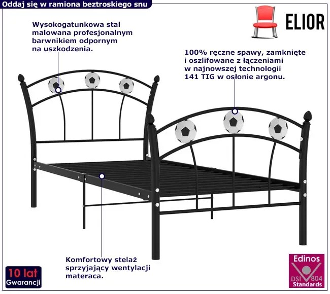 Czarne metalowe łóżko z motywem piłki 90x200 cm P5-C71