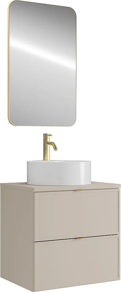 Wisząca szafka łazienkowa z okrągłą umywalką nablatową, baterią i lustrem - Beżowy - 60 cm - ONDIL