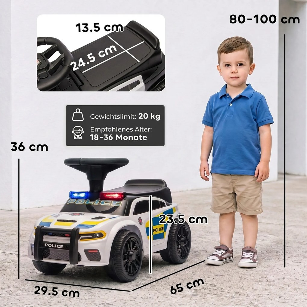 AIYAPLAY Jeździk Policja z muzyką, światłem, zabezpieczeniem przed przewróceniem i schowkiem pod siedzeniem 18-36 Monate Biały | Aosom PL